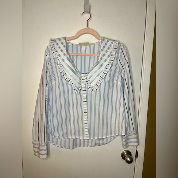 Anthropologie / Maeve / Ruffled Collar Striped Buttondown Blouse Top / size 14 - Picture 5 of 12